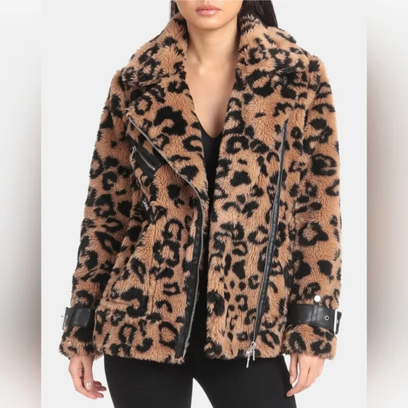 Avex Les Filles leopard print faux fur moto jacket. SMALL - Picture 9 of 15